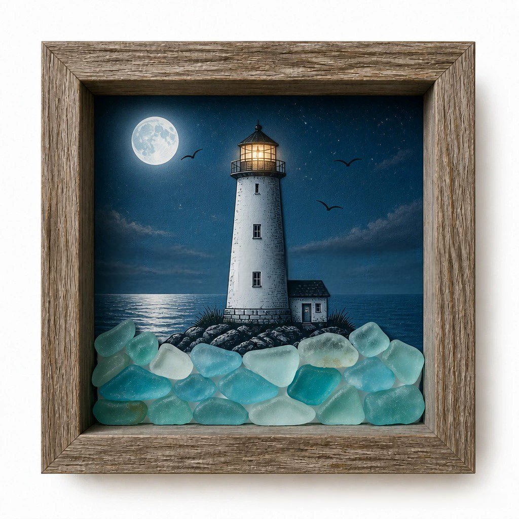 🔥💝Coastal Lighthouse Sea Glass Shadow Box Night Light