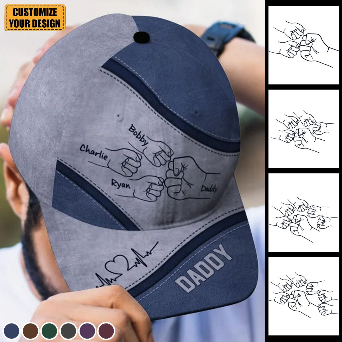Casquette classique personnalisée Outline Fist Bump Daddy Grandpa, cadeau de fête des pères pour papa, pour grand-père, pour mari