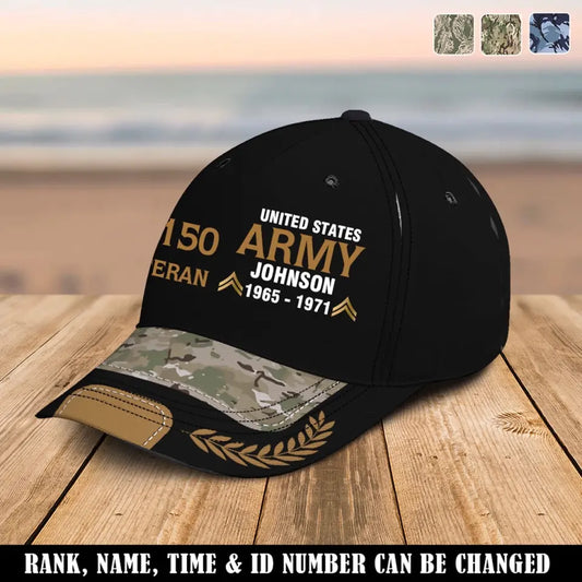 Personalisierte US Army Airforce Navy Veteranenrang Gold Benutzerdefinierte ID, Name &amp; Dienstzeitmütze 3D gedruckt
