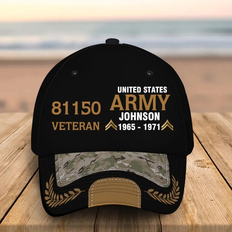 Personalisierte US Army Airforce Navy Veteranenrang Gold Benutzerdefinierte ID, Name &amp; Dienstzeitmütze 3D gedruckt