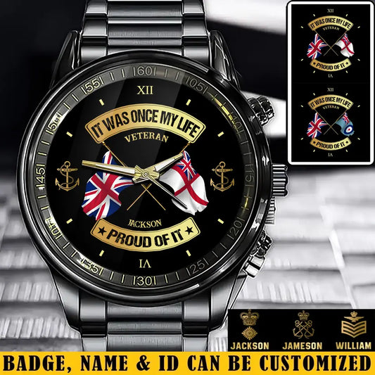 Personalized UK Soldier/ Veteran With Name and Rank Black Stainless Steel Watch