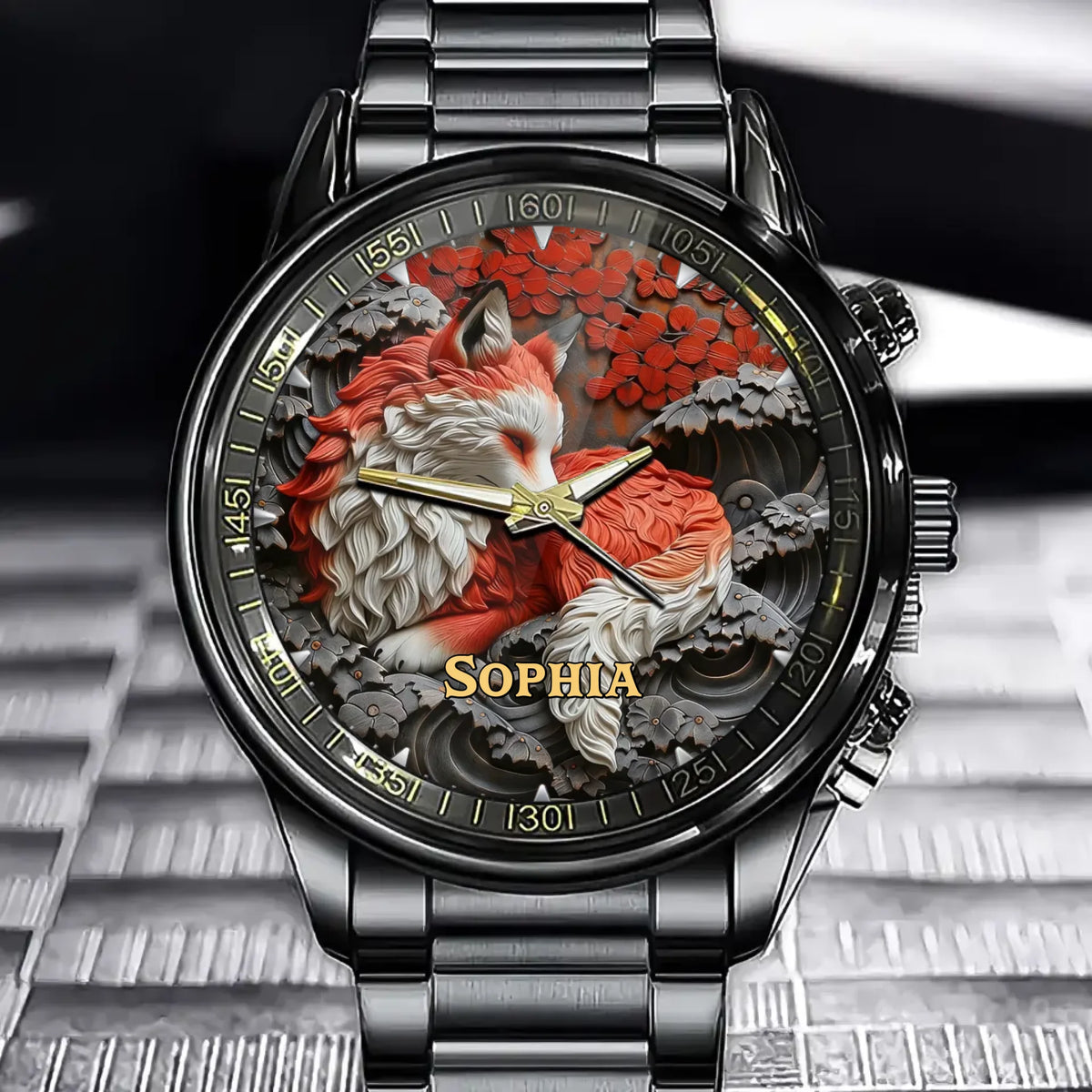 Personalized Woodland Fox Watch – Artistic Animal Design with Custom Name