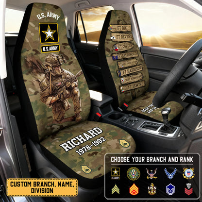 Personalized Veterans' World Tour Seat Covers 2-Pcs - Customize Colors, Locations, And Military Art