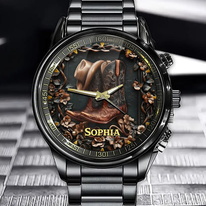 Personalized Cowboy Boot & Hat Watch - Western Themed Dial with Custom Name Option