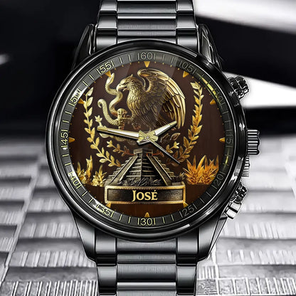Reloj Personalizado Con Pirámide Del Águila Mexicana - Esfera Con Emblema Y Nombre Personalizado
