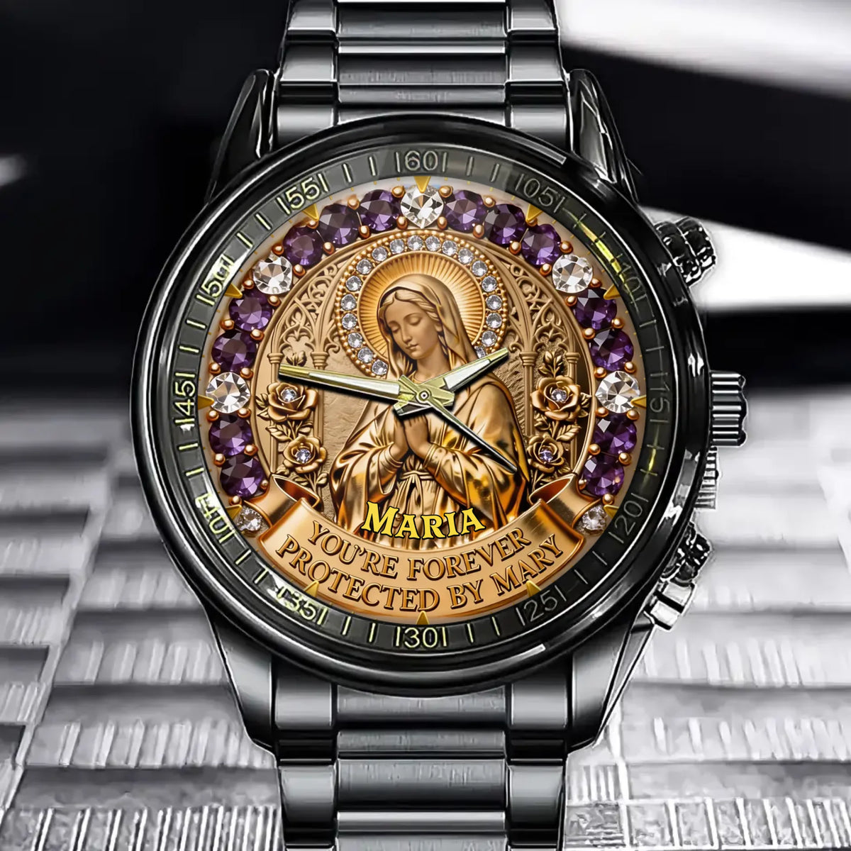Personalized Catholic Faith Watch – Custom Name & Virgin Mary Protection Details