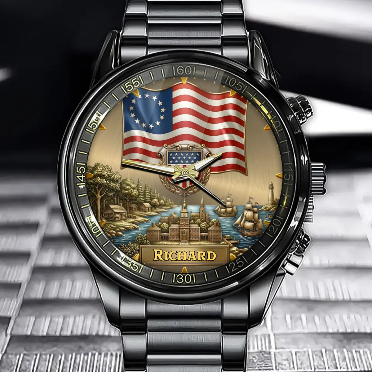 Personalized USA Heritage Watch – Custom Name With Flag and Crest