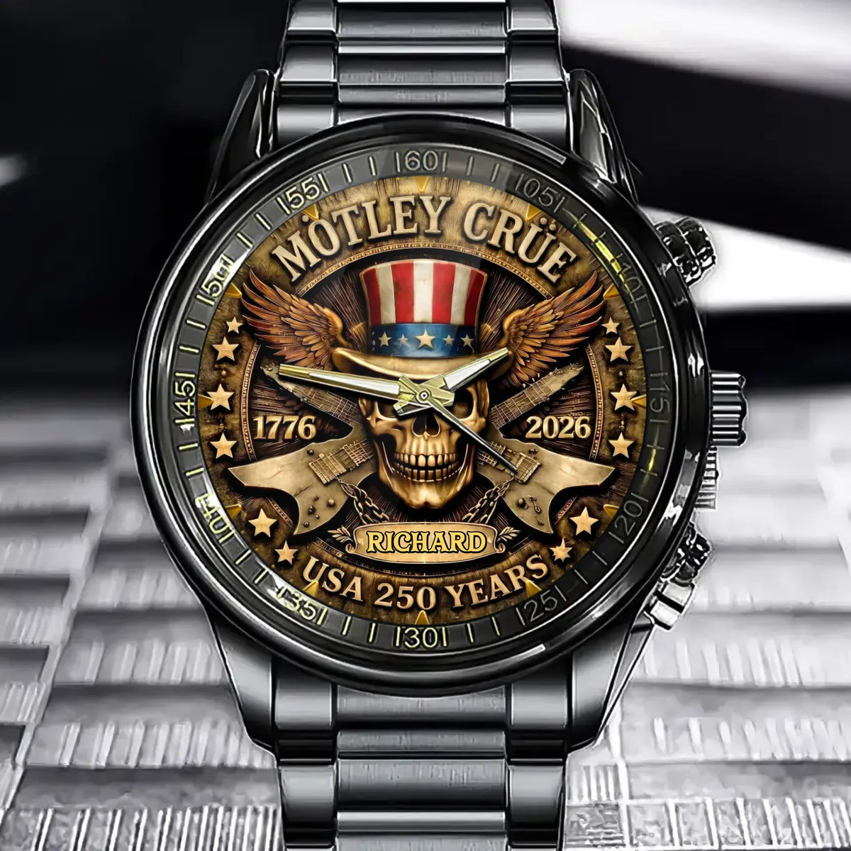 Personalized Usa 250 Years Watch - Custom Uncle Sam Skull Guitar Design