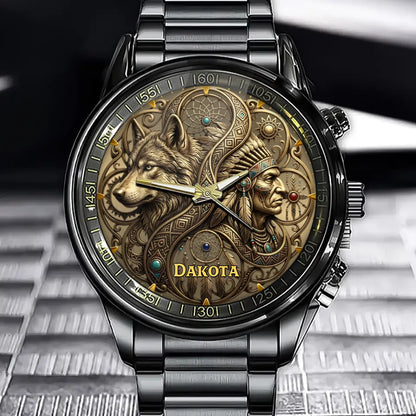 Personalized Tribal Wolf Watch – Native American Heritage Custom Name Watch