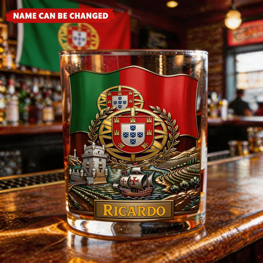 Personalized Portugal Heritage Whiskey Glass – Custom Name With Flag and Crest