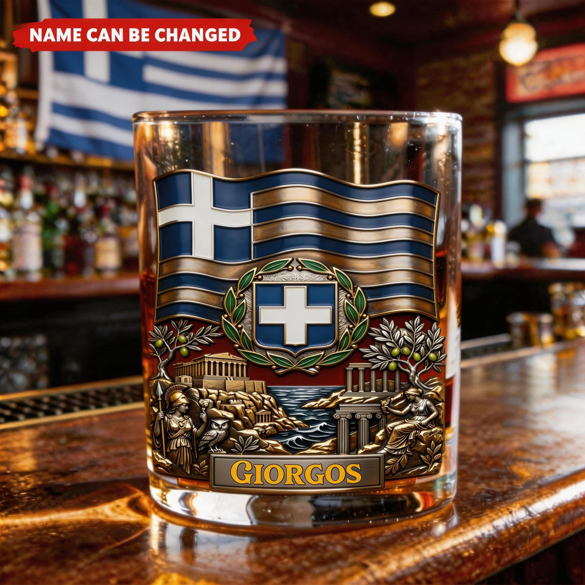 Personalized Greece Heritage Whiskey Glass – Custom Name With Flag and Ancient Landmarks