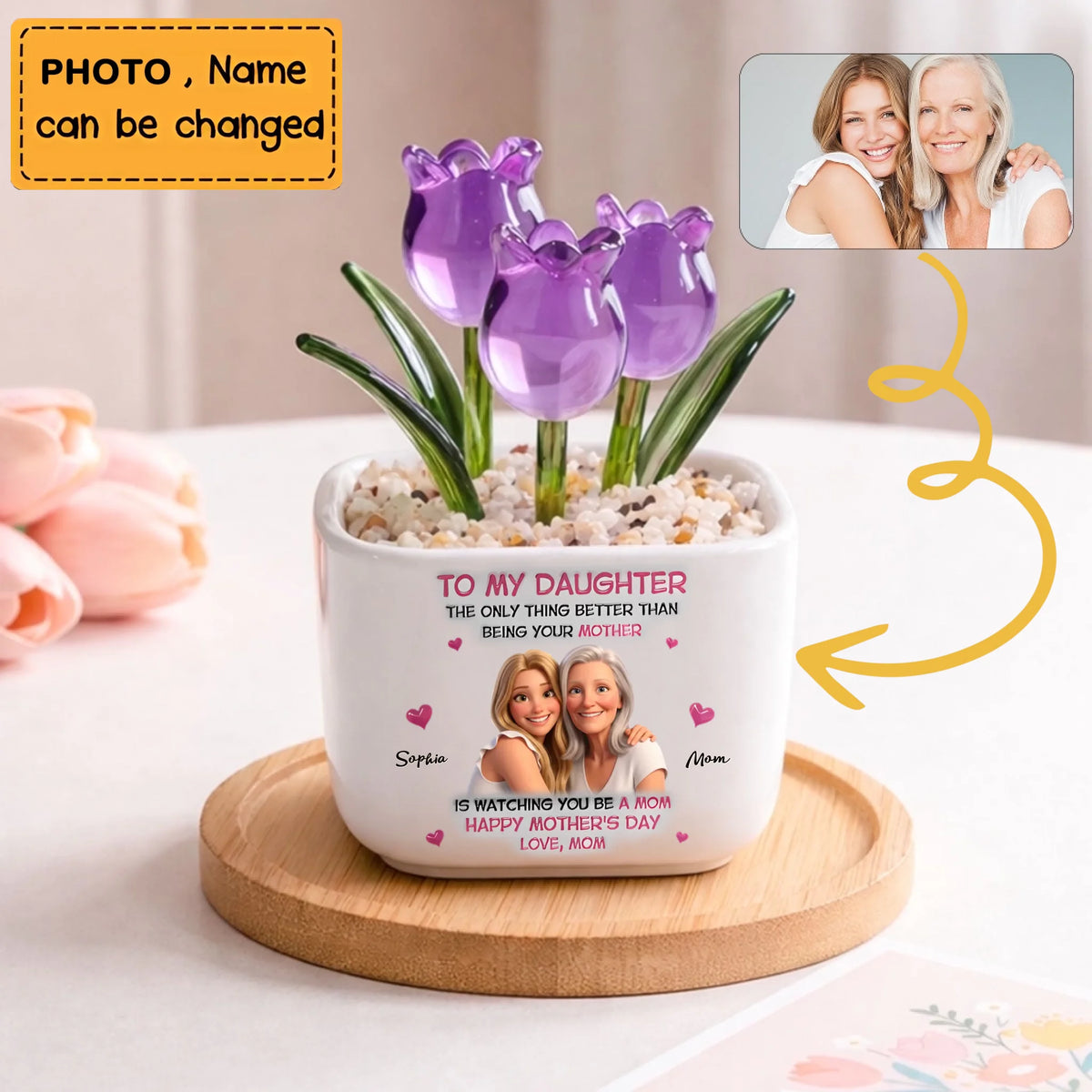 Watching Daughter Be A Mom - Personalized Everlasting Glass Tulips Potted