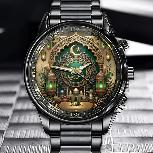 Personalized Arabic Heritage Watch – Custom Name & Color With Crescent Moon & Mosque Motif