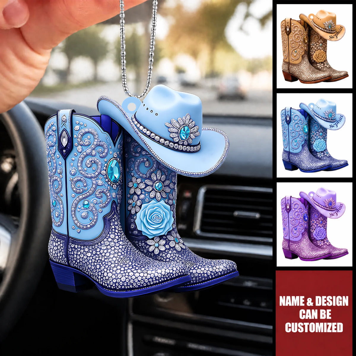 Custom Acrylic Car Hanging Ornament - Personalized Cowgirl Boots Name Charm Gift For Her, Western Style Car Accessories