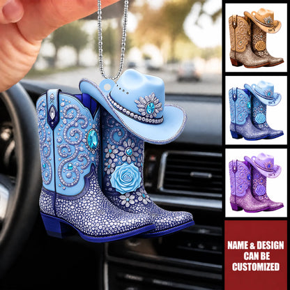 Custom Acrylic Car Hanging Ornament - Personalized Cowgirl Boots Name Charm Gift For Her, Western Style Car Accessories