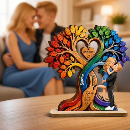 Custom Kissing Couple Heart Tree Wooden Plaque - Personalized Names And Date Anniversary Gift