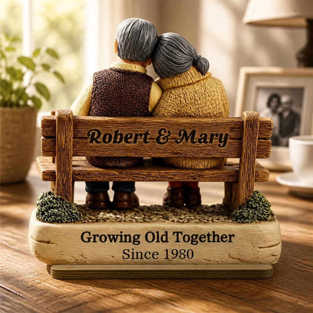 Custom Wooden Couple Bench Figurine - Personalized Anniversary Gifts For Husband & Wife - Growing Old Together