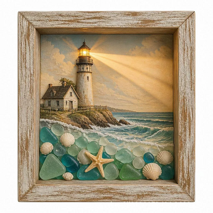 🔥💝Coastal Lighthouse Sea Glass Shadow Box Night Light