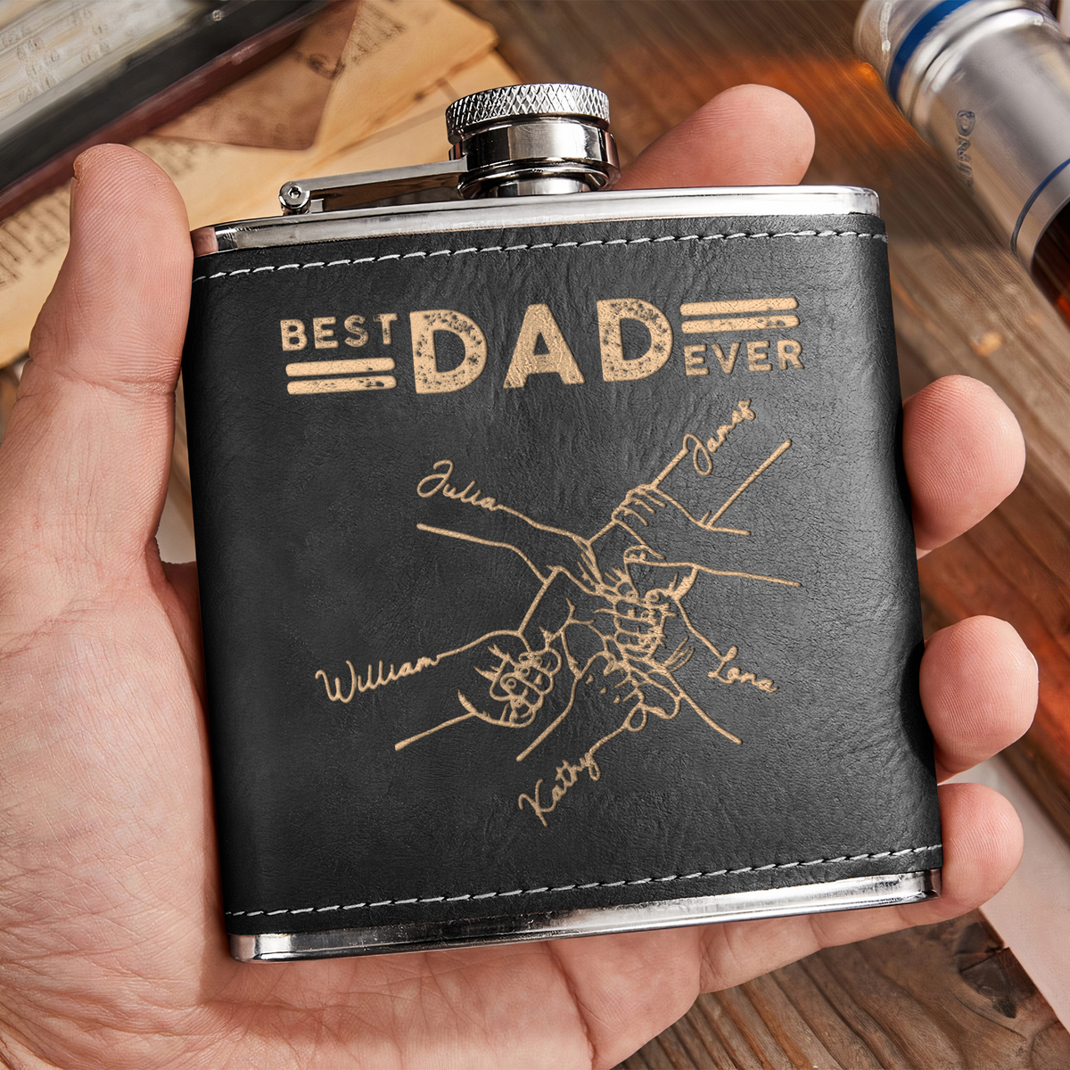 Bester Papa aller Zeiten - Vatertagsgeschenke - Personalisierter Flachmann aus Leder 