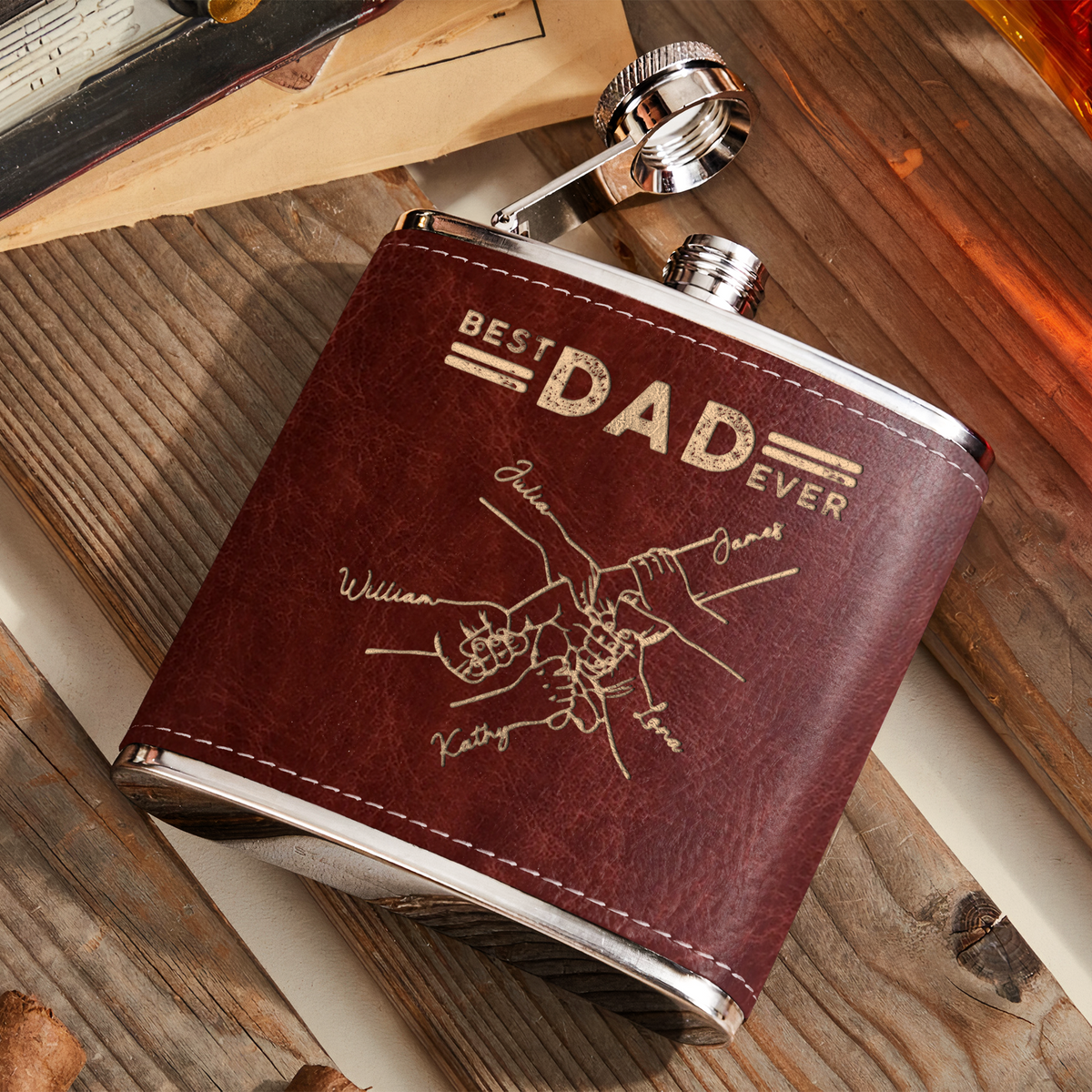 Bester Papa aller Zeiten - Vatertagsgeschenke - Personalisierter Flachmann aus Leder 
